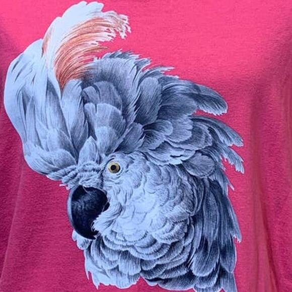 Upcycled Hand Printed Womens Large White Cockatoo Parrot Ukraine Fundraiser Tee - Picture 2 of 4